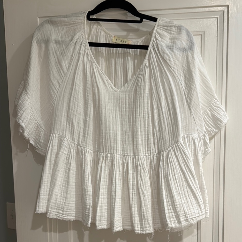 STARK X White V-Neck Women's Linen Raw Hem Top
